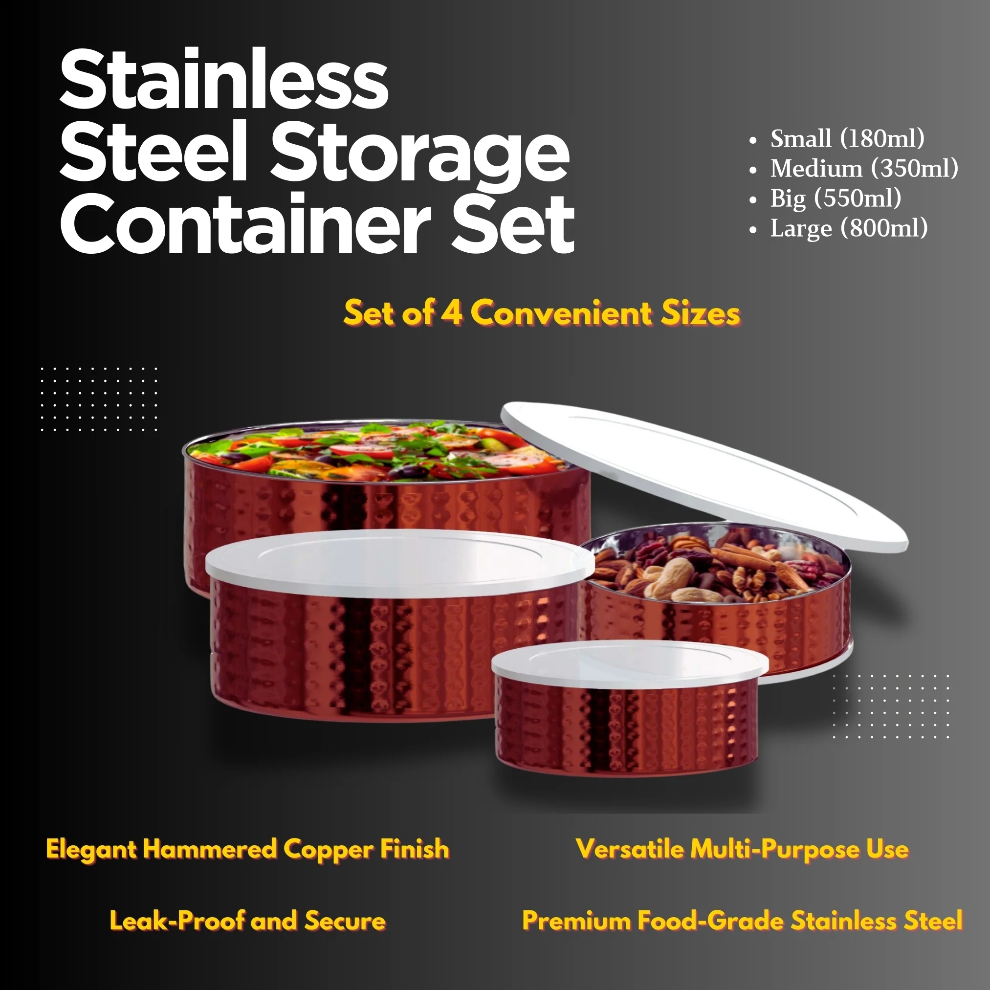 LA'FORTE Stainless Steel Utility Container - 800 ml, 550 ml, 350 ml, 180 ml