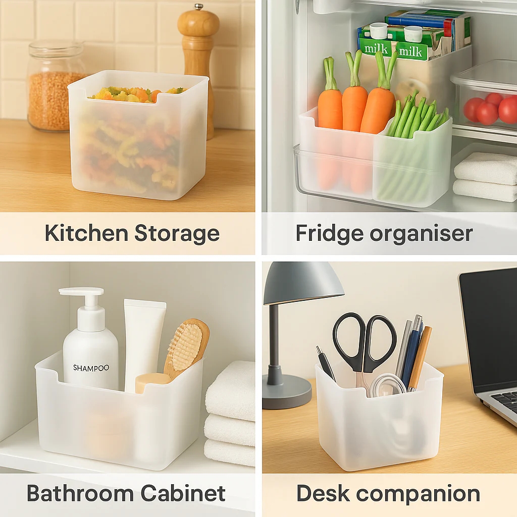 Set of 6 Multipurpose Frosted Plastic Storage Containers | Kitchen, Fridge, Bathroom & Desk Organiser | Compact & Durable Design