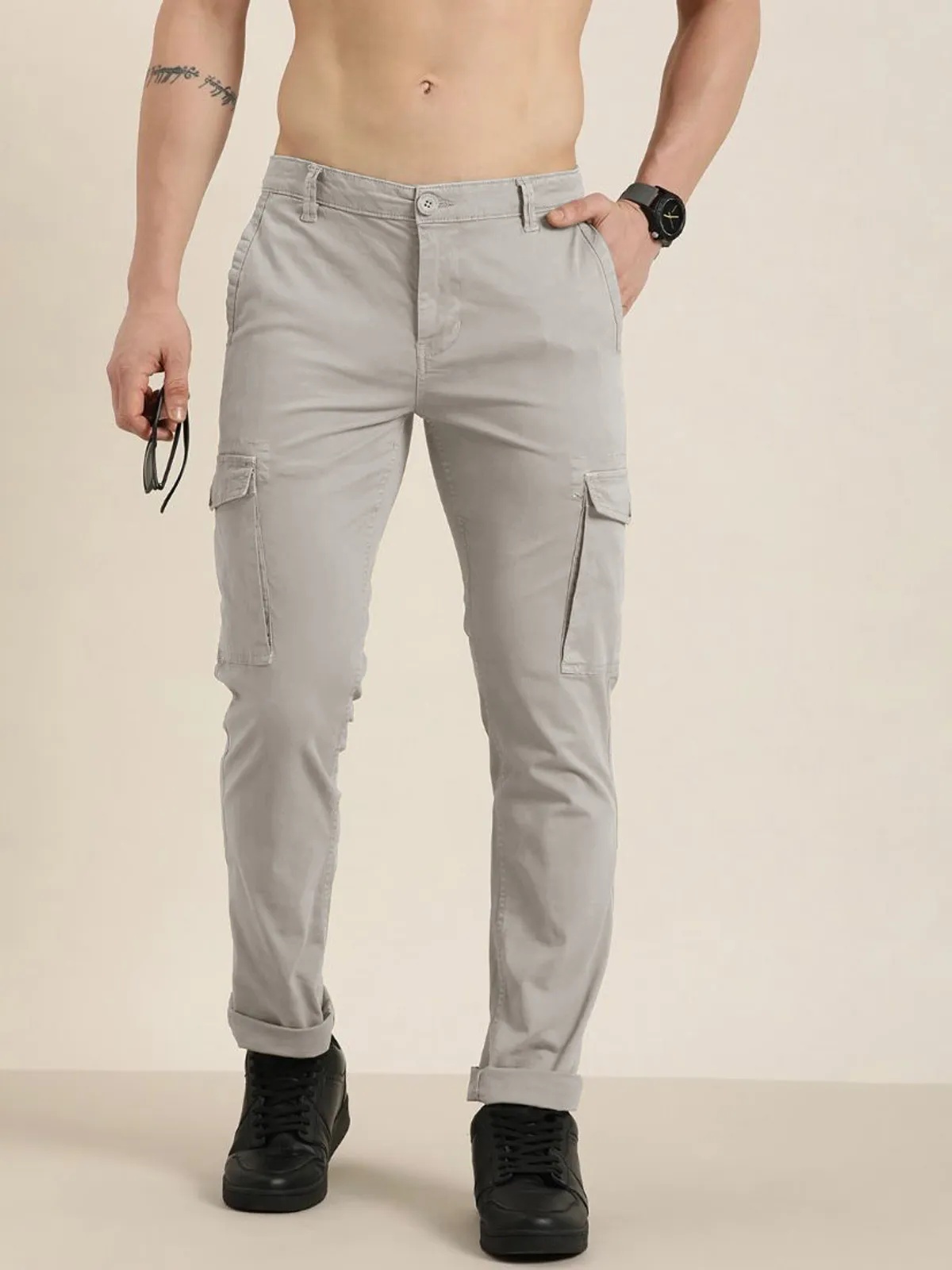 Light Grey Cotton Blend Solid Mens Cargo