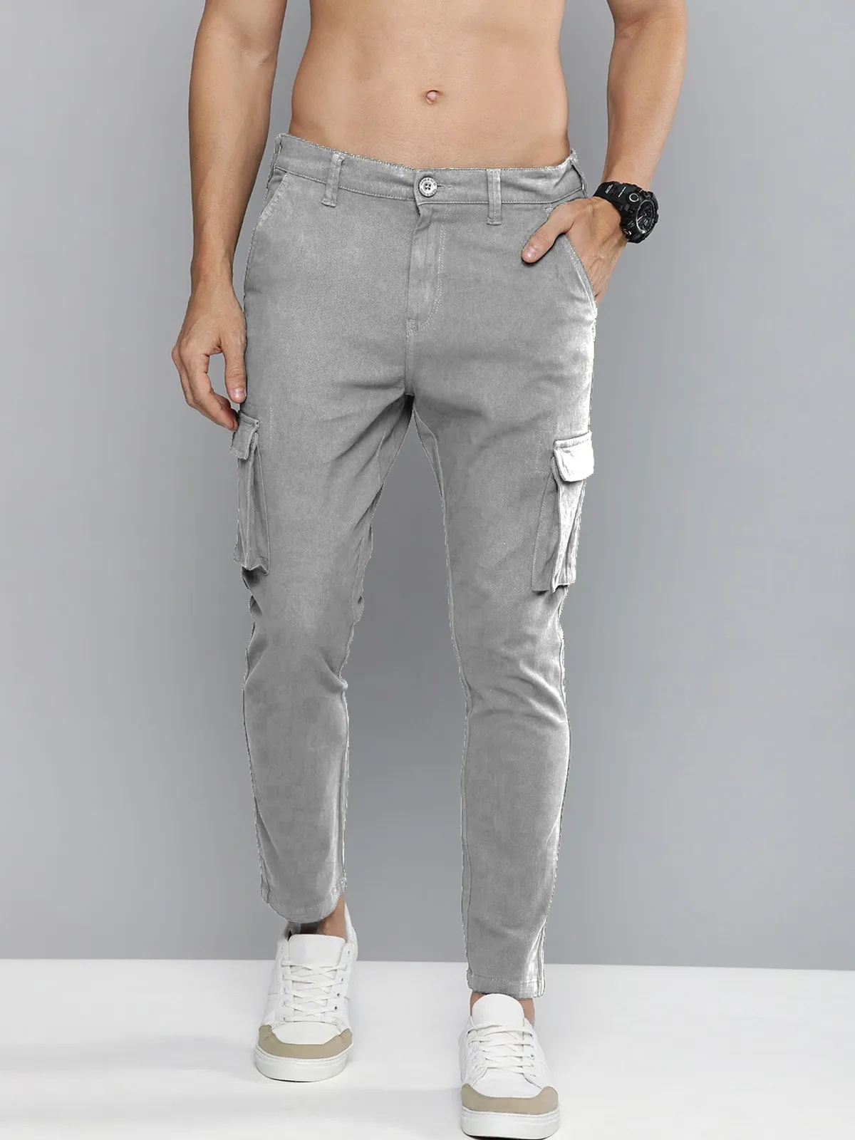 Light Grey Cotton Blend Solid Mens Cargo