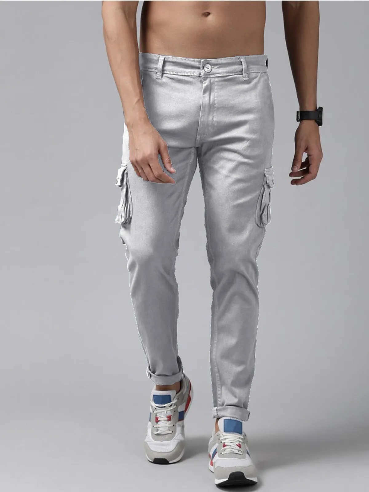 Light Grey Cotton Blend Solid Mens Cargo