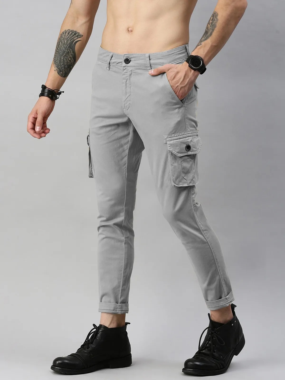 Light Grey Cotton Blend Solid Mens Cargo
