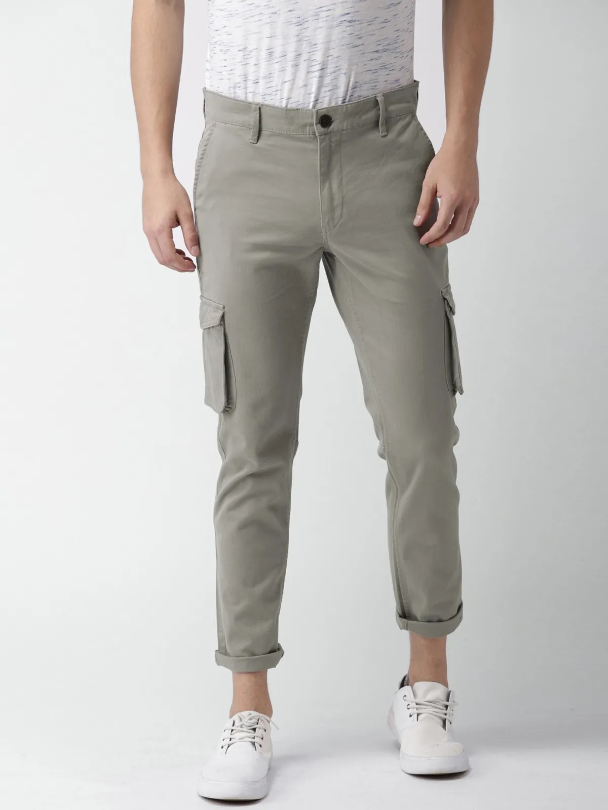 Light Grey Cotton Blend Solid Mens Cargo