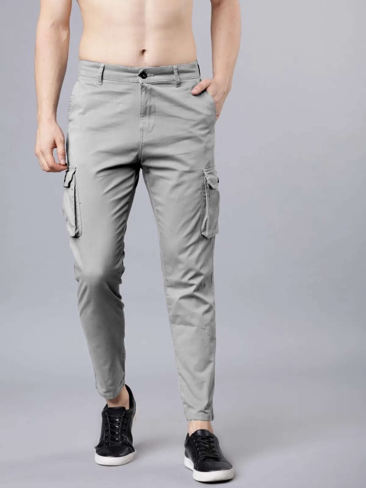 Light Grey Cotton Blend Solid Mens Slim Fit Cargo