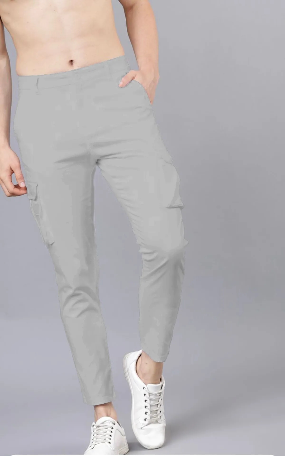 Light Grey Cotton Blend Solid Mens Cargo