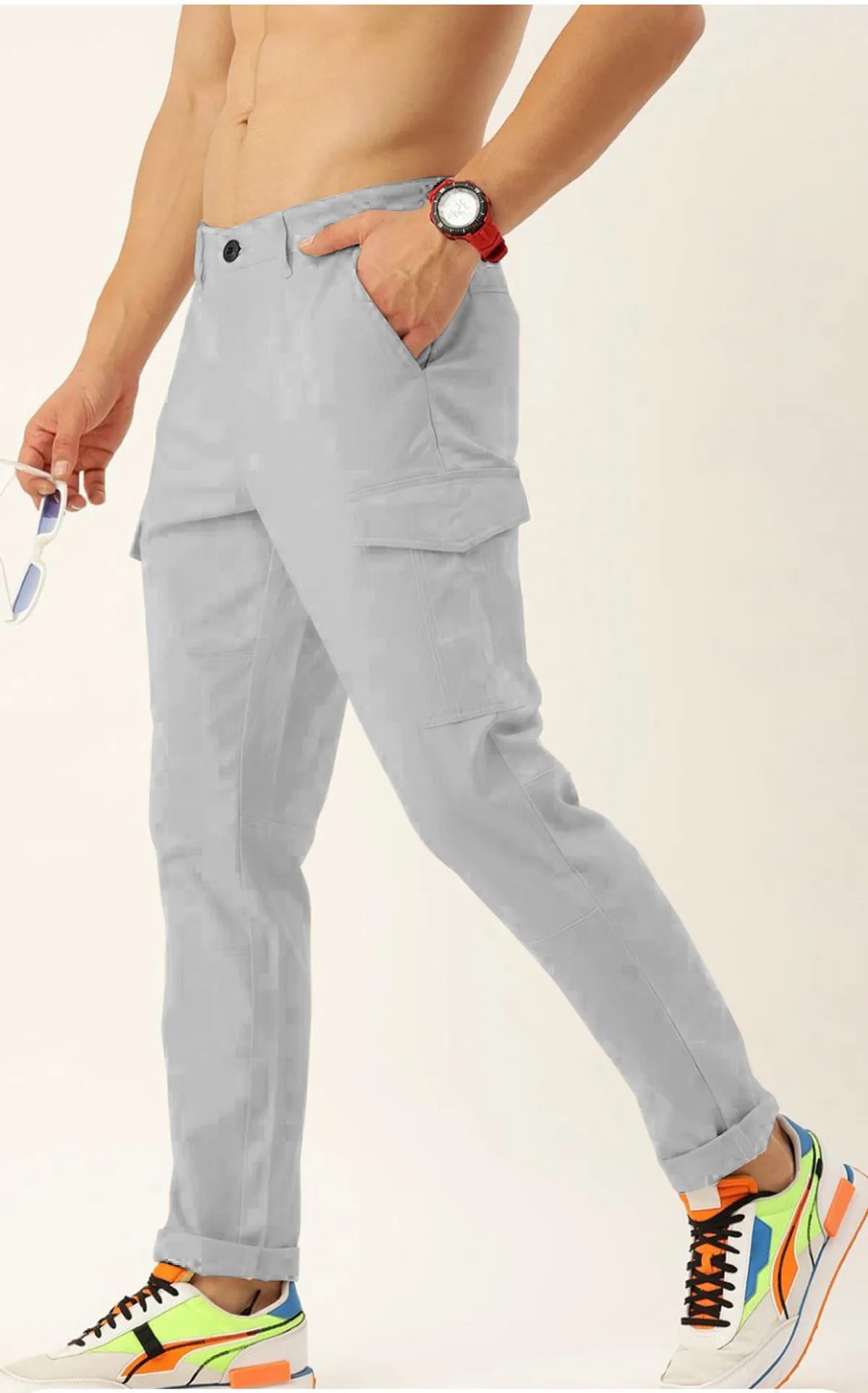 Light Grey Cotton Blend Solid Mens Cargo