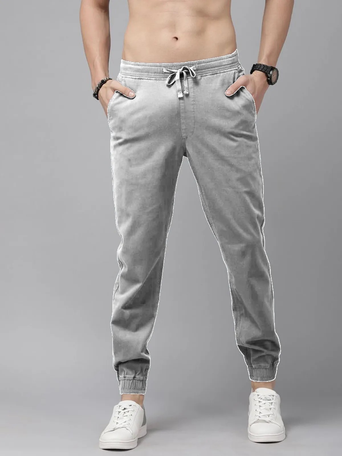 Light Grey Cotton Blend Solid Men's Slim Fit Joggers