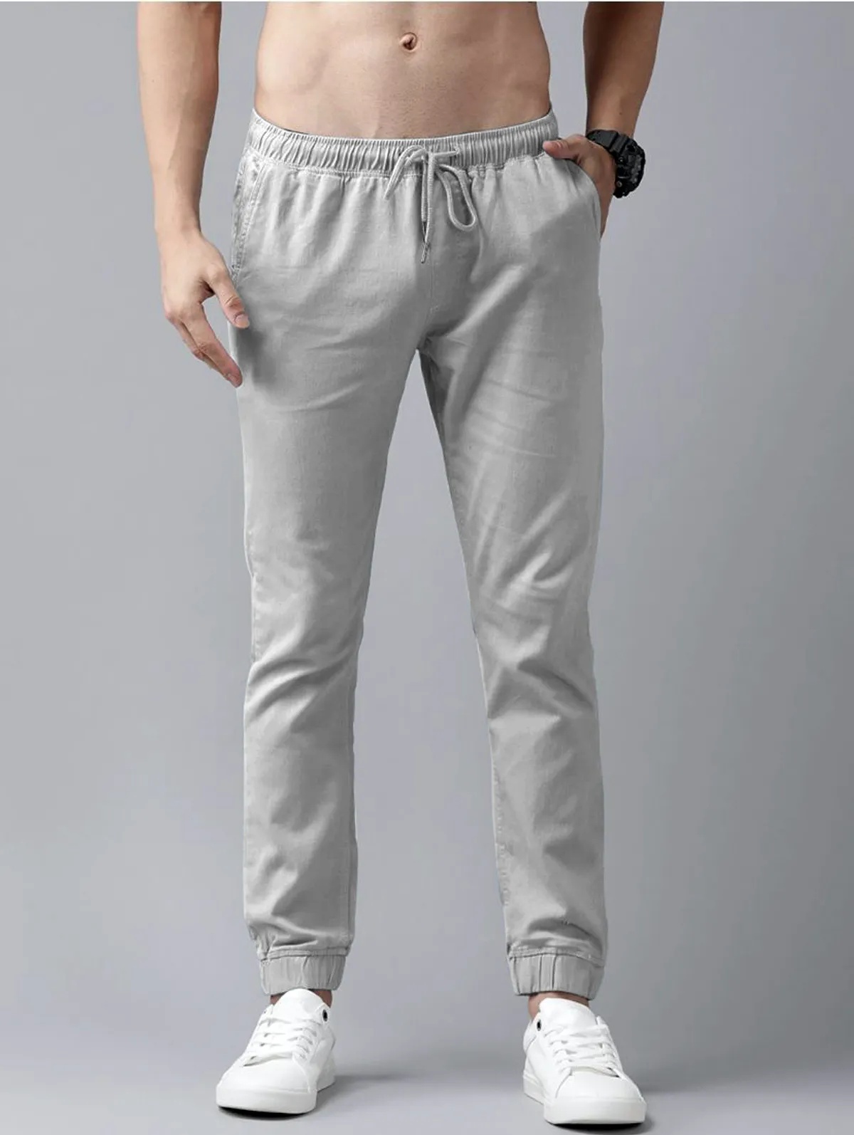 Light Grey  Cotton Blend Solid Mens slim fit Joggers