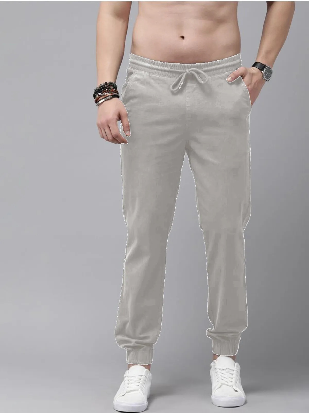 Light Grey Cotton Blend Solid Men’s Slim Fit Joggers
