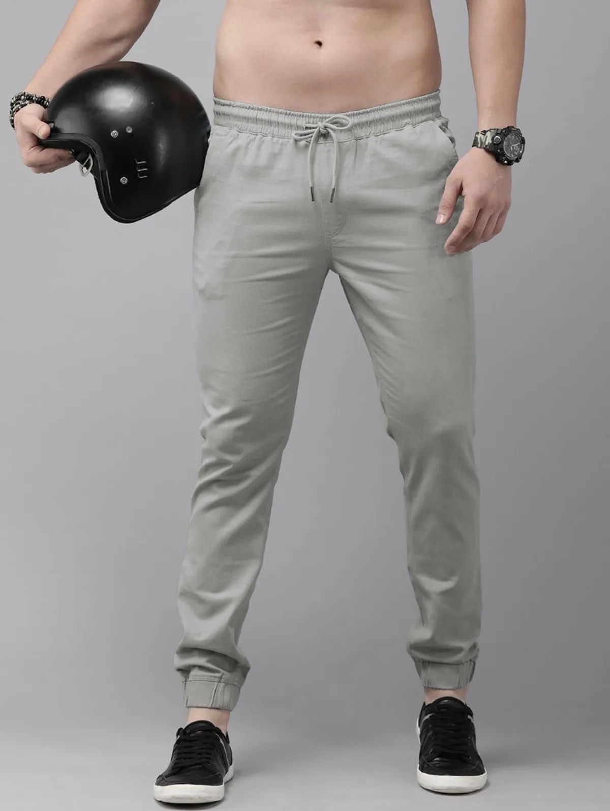 Light Grey Cotton Blend Solid Mens Joggers