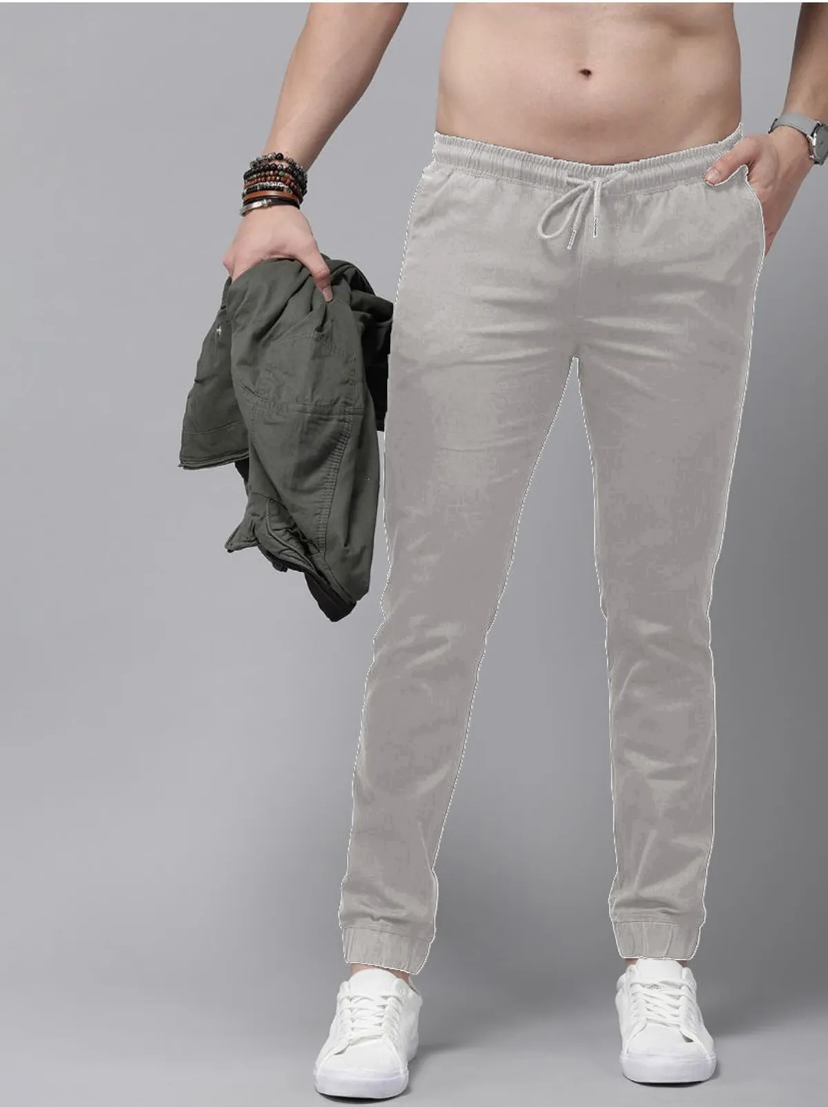 Light Grey Cotton Blend Solid Men’s Slim Fit Joggers