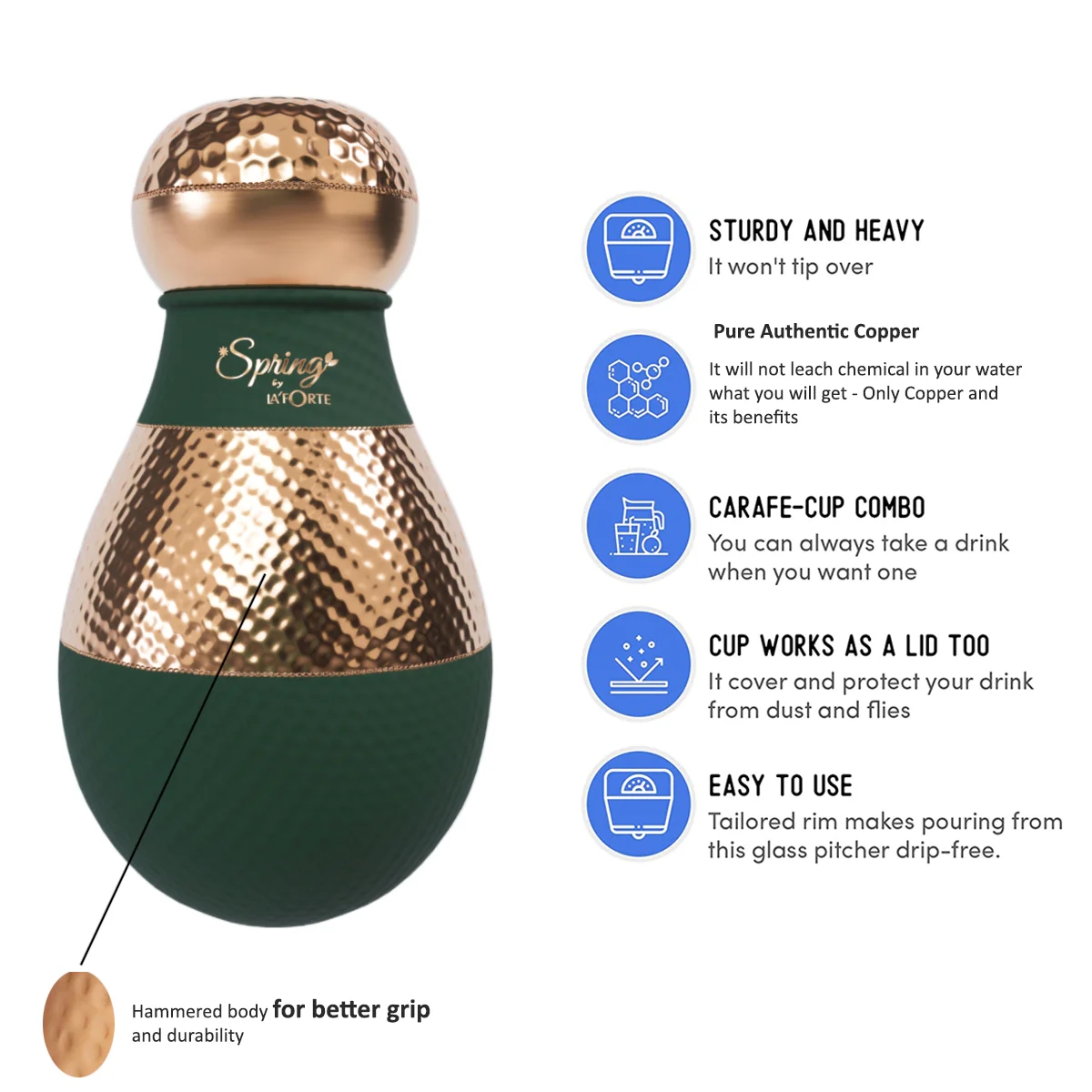 LA FORTE Copper Bottle Lotus Jar 1500 ml (Sea Green)
