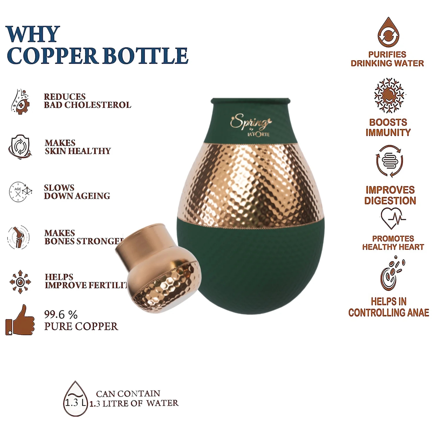 LA FORTE Copper Bottle Lotus Jar 1500 ml (Sea Green)