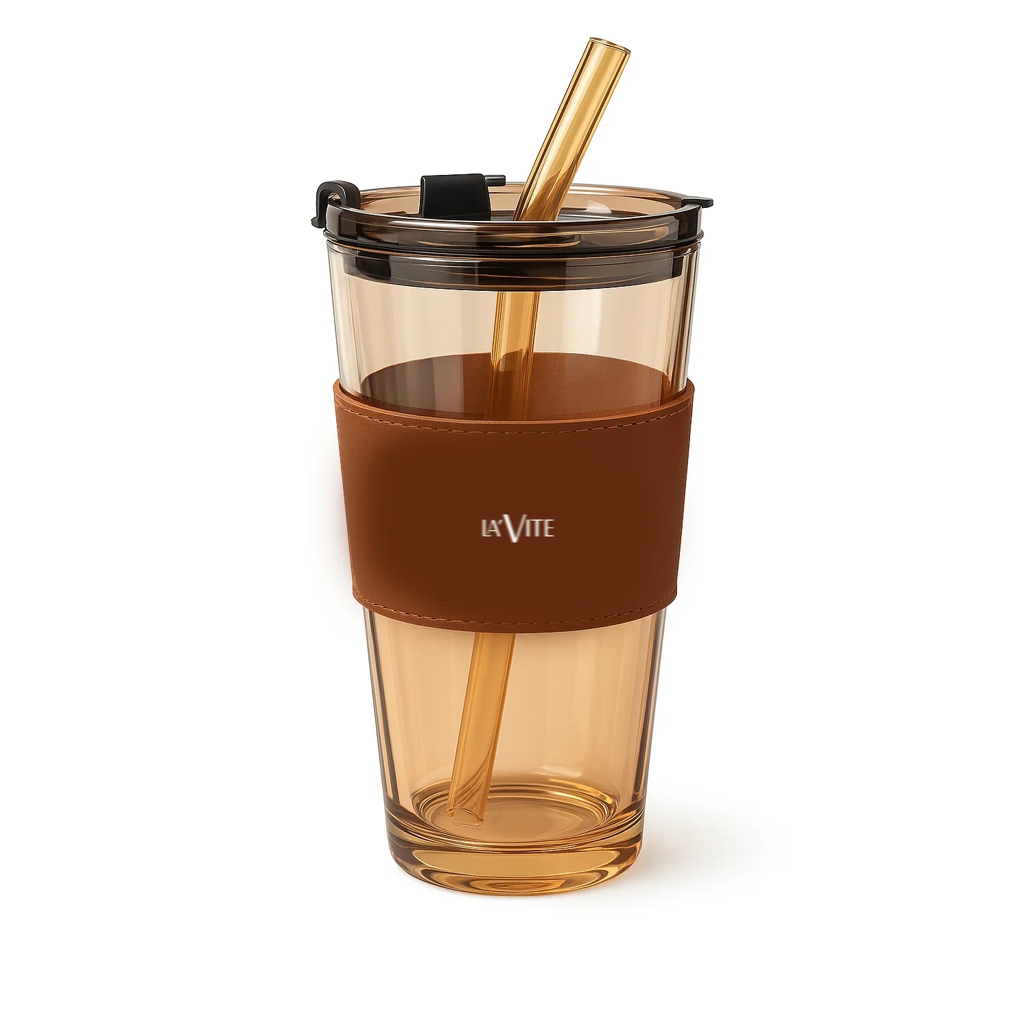 LA' FORTE Borosilicate Glass Tumbler | Leak-Proof Travel Cup | Glass Straw & Leather Jacket | Hot & Cold Beverages | Dual Drinking Mode - Sip & Straw