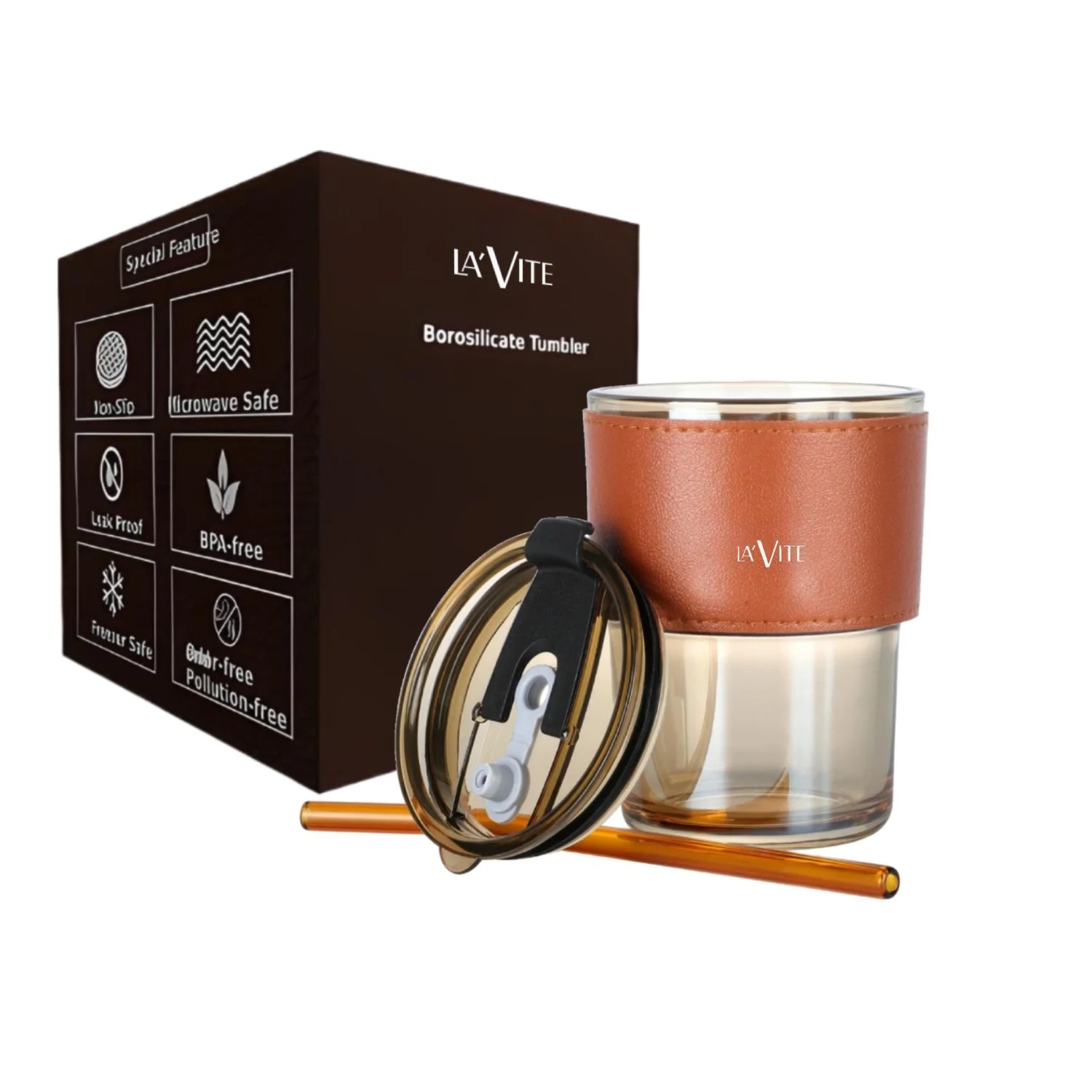 LA' FORTE Borosilicate Glass Tumbler | Leak-Proof Travel Cup | Glass Straw & Leather Jacket | Hot & Cold Beverages | Dual Drinking Mode - Sip & Straw