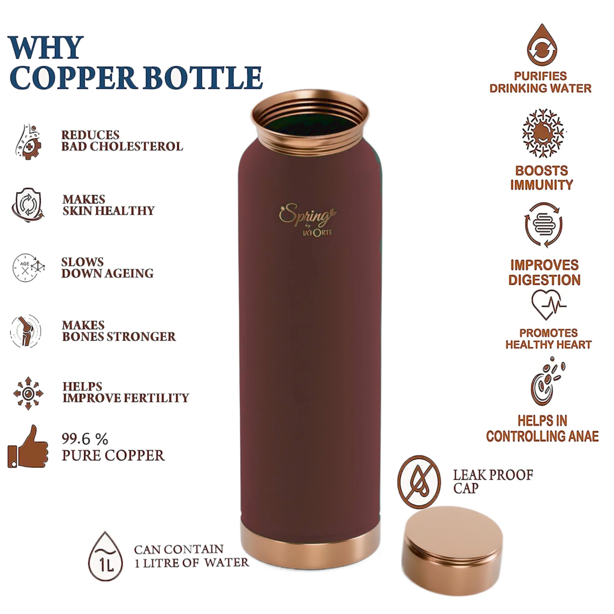 LA'FORTE Copper Water Bottle, Pure, 1000 ml Maroon