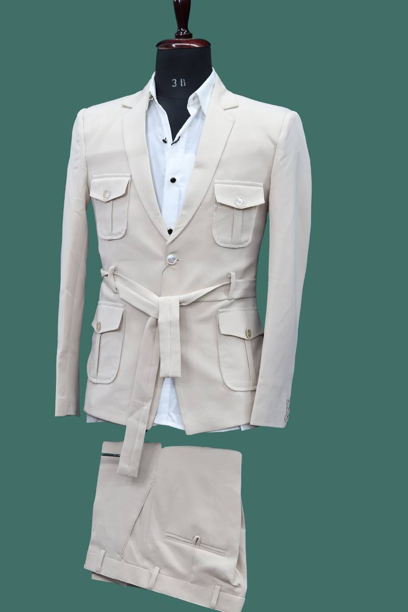 Men's Four Pocket Blazer With Belt & Formal Pant In Light Pink Color