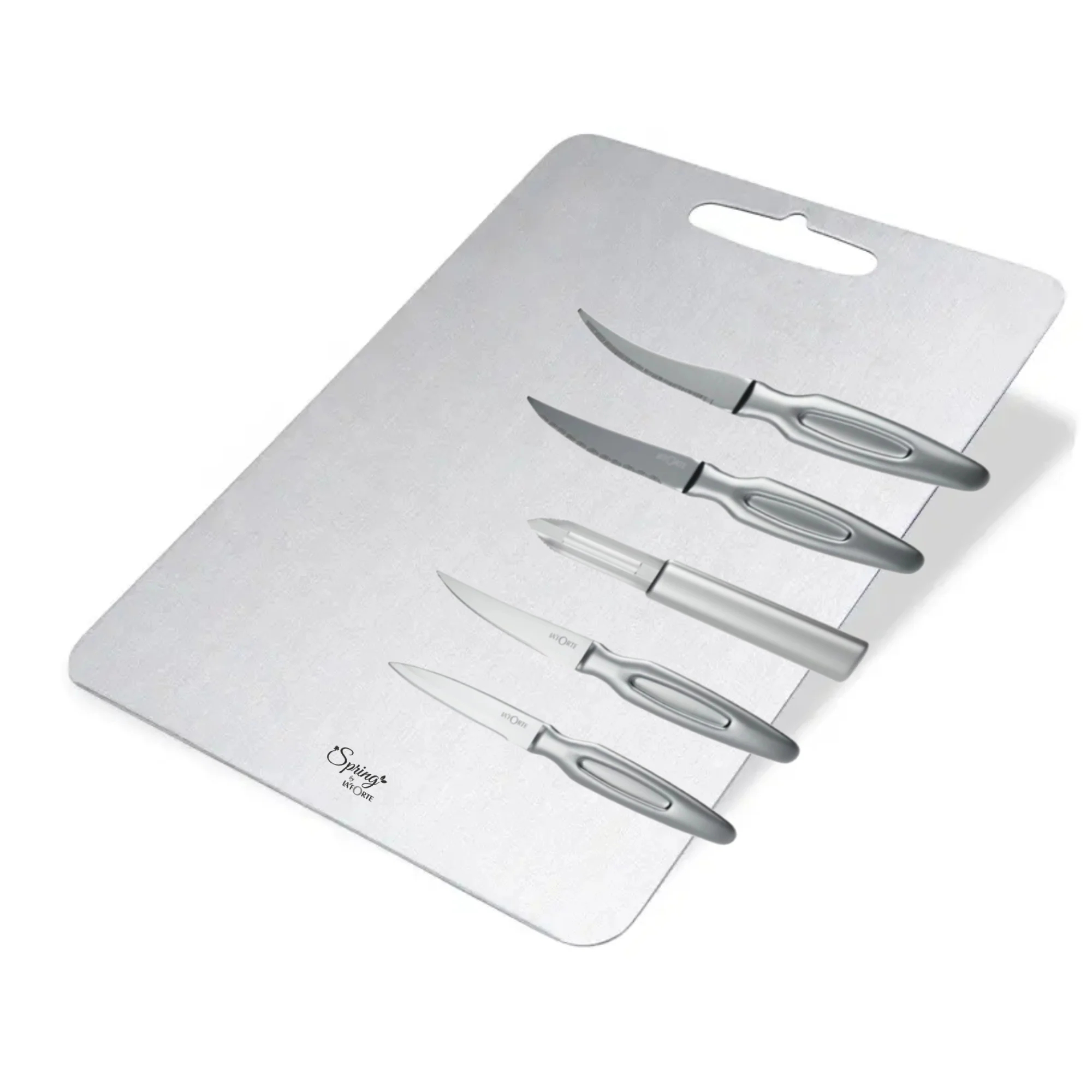 LA' FORTE Premium Combo - 5-Piece Metal Knife Set with Metal Block & Stainless Steel Chopping Board (31 cm x 20.5 cm)