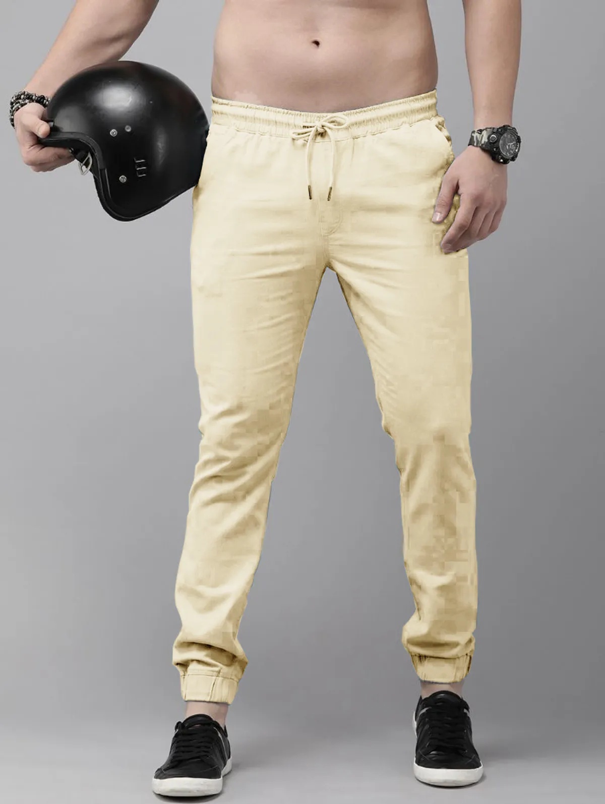 Off White Cotton Blend Solid Mens Joggers