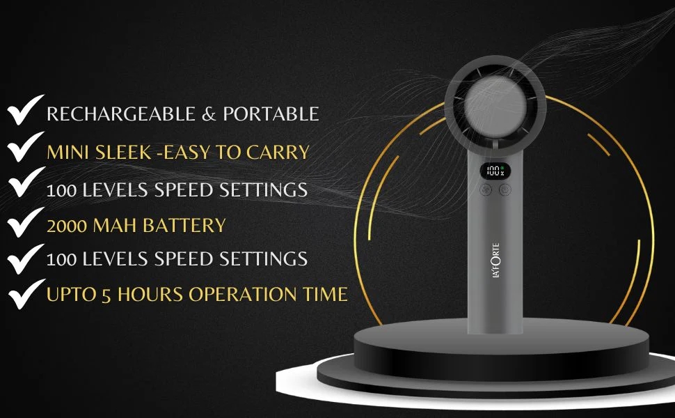 LA' FORTE Fairy Flow Mini Fan | 100 Speed Levels | Digital Display | USB-C Rechargeable | Portable & Compact | Gray