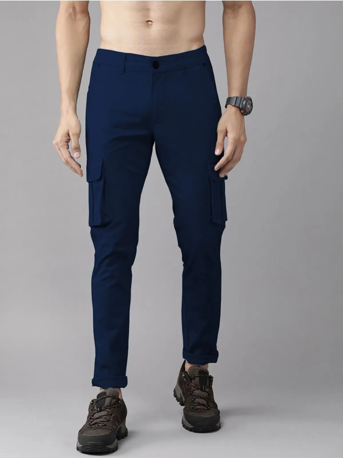 Dark Blue Cotton Blend Solid Mens Cargo