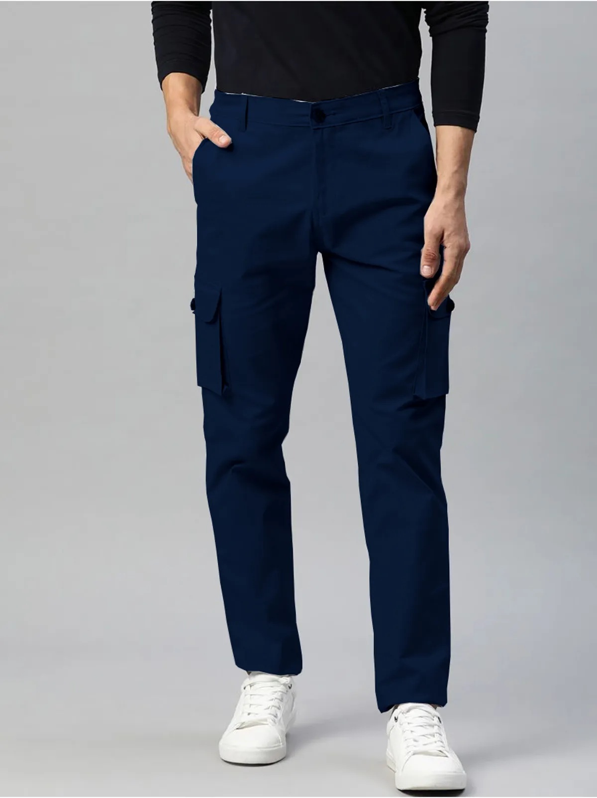 Dark Blue Cotton Blend Solid Mens Cargo