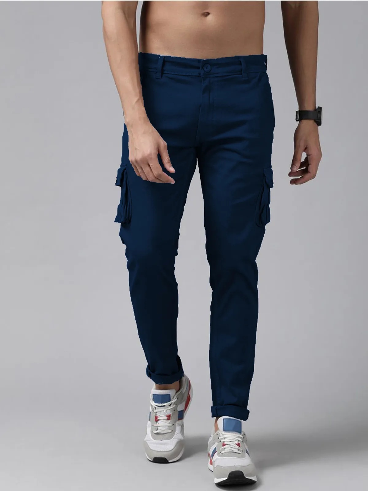 Navy Blue  Cotton Blend Solid Mens Cargo