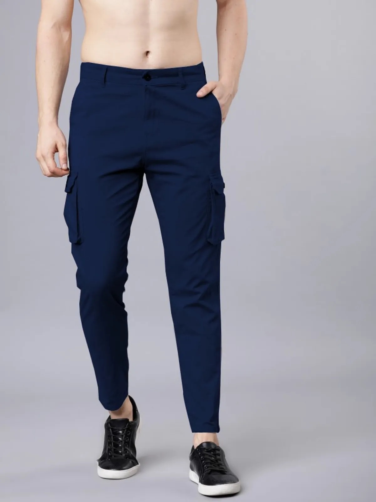 Dark Blue Cotton Blend Solid Mens Slim Fit Cargo