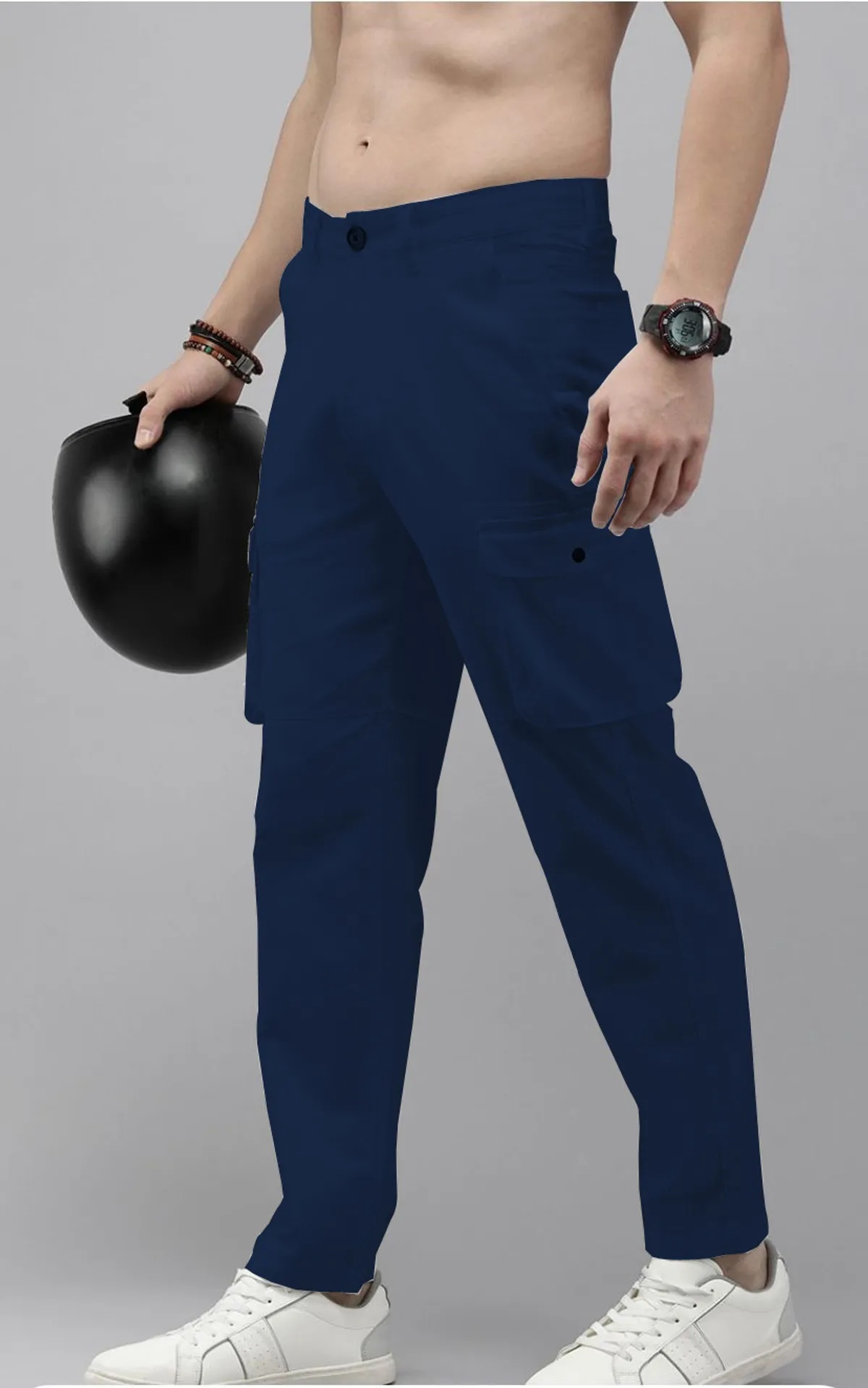 Dark Blue Cotton Blend Solid Mens Cargo