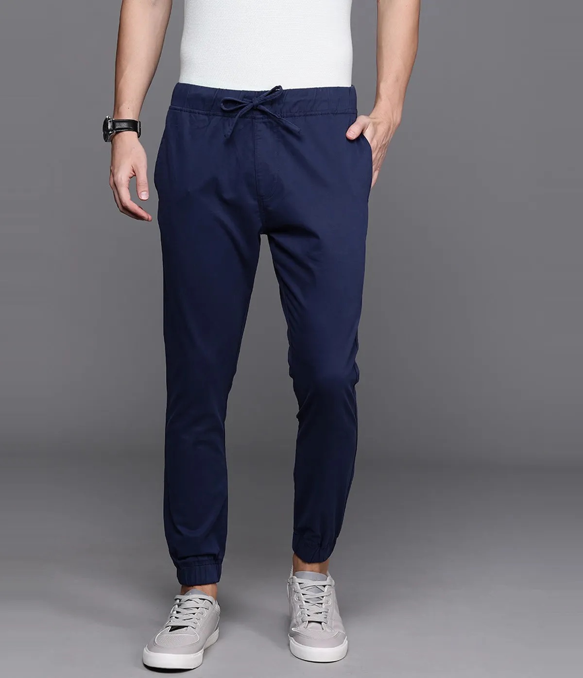 Dark Blue Cotton Blend Solid Men’s Slim Fit Joggers