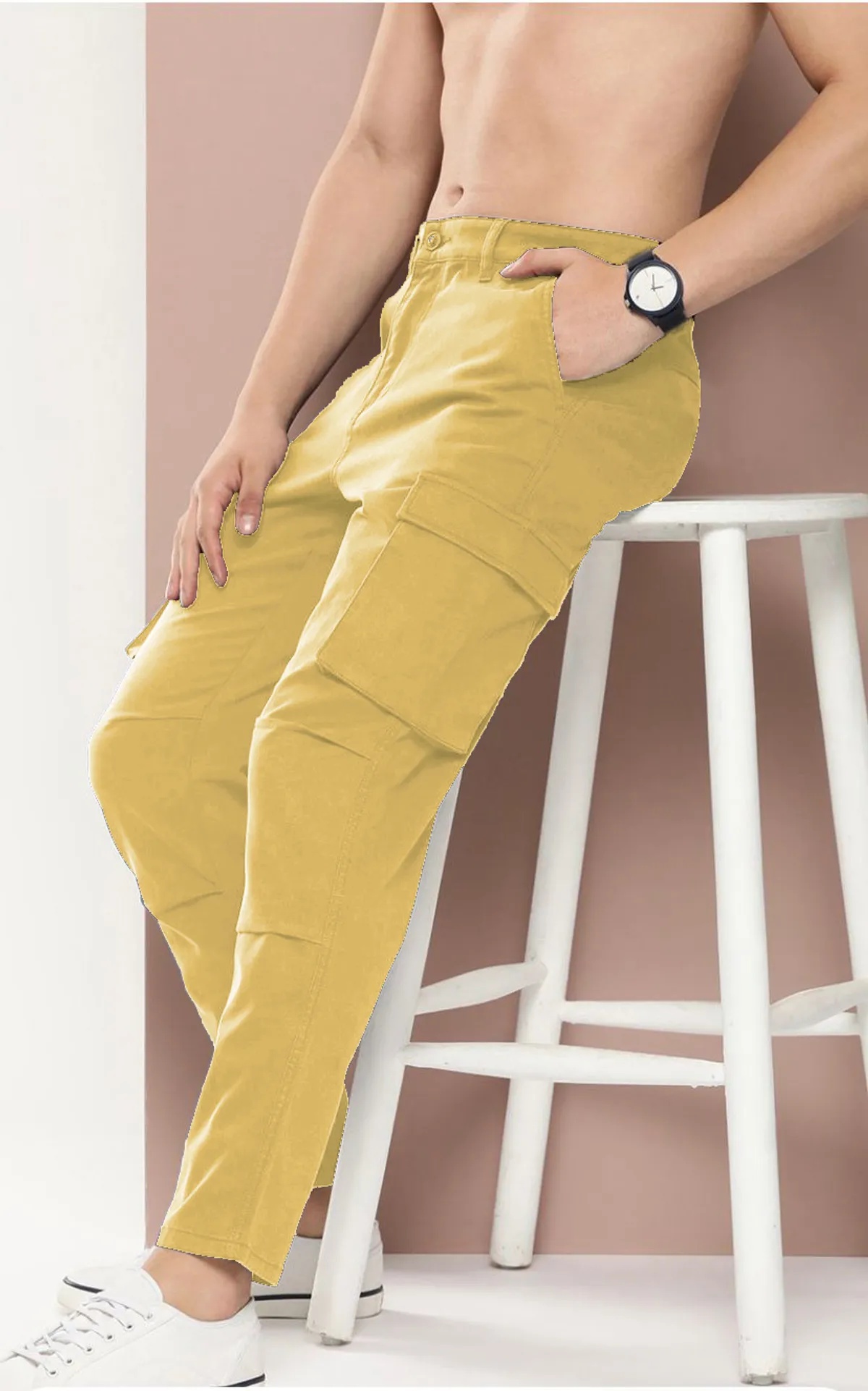 Off White Cotton Blend Solid Mens Cargo