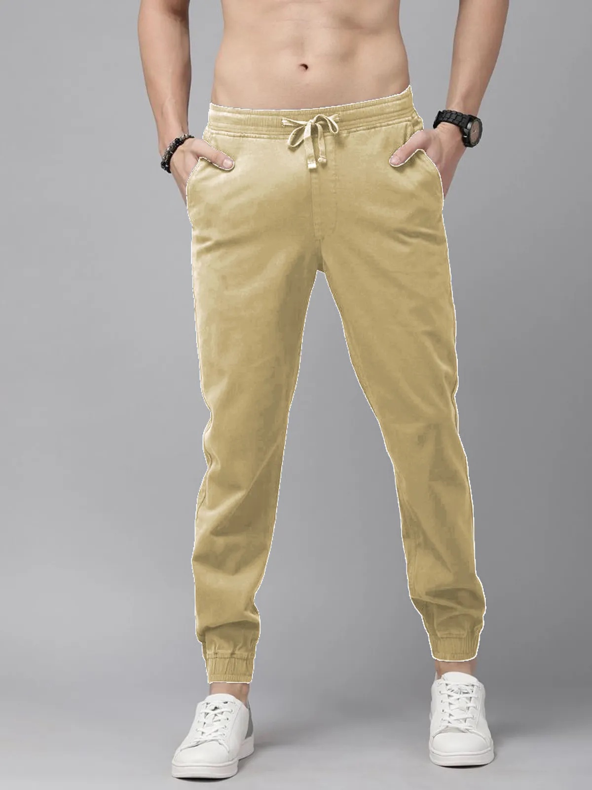 Off White Cotton Blend Solid Men's Slim Fit Joggers