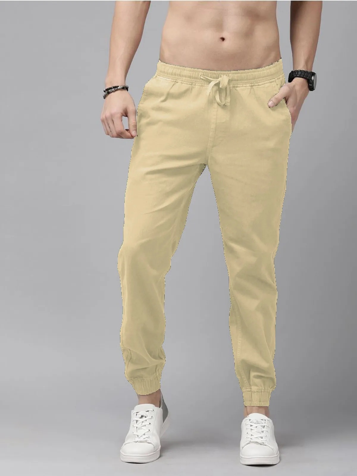 Off White Cotton Blend Solid Men’s Slim Fit Joggers