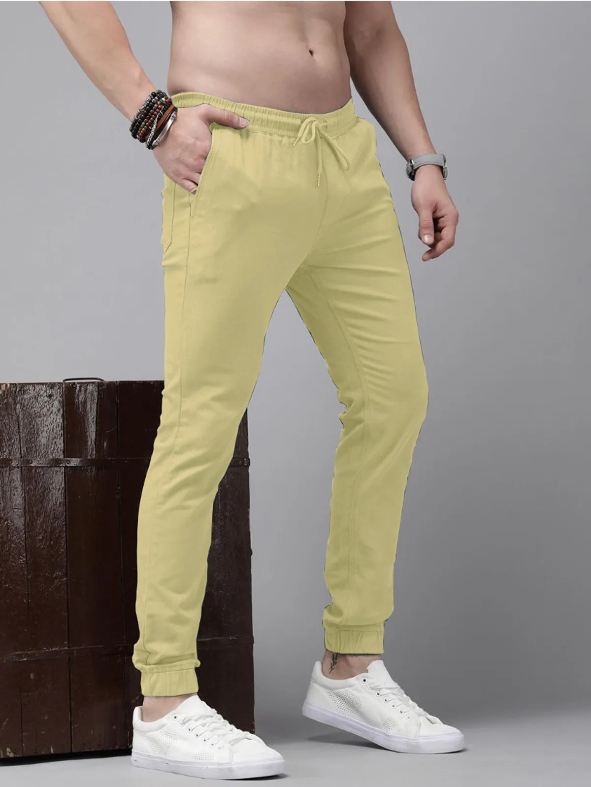 Off White Cotton Blend Solid Slim Fit Casual Joggers For Men