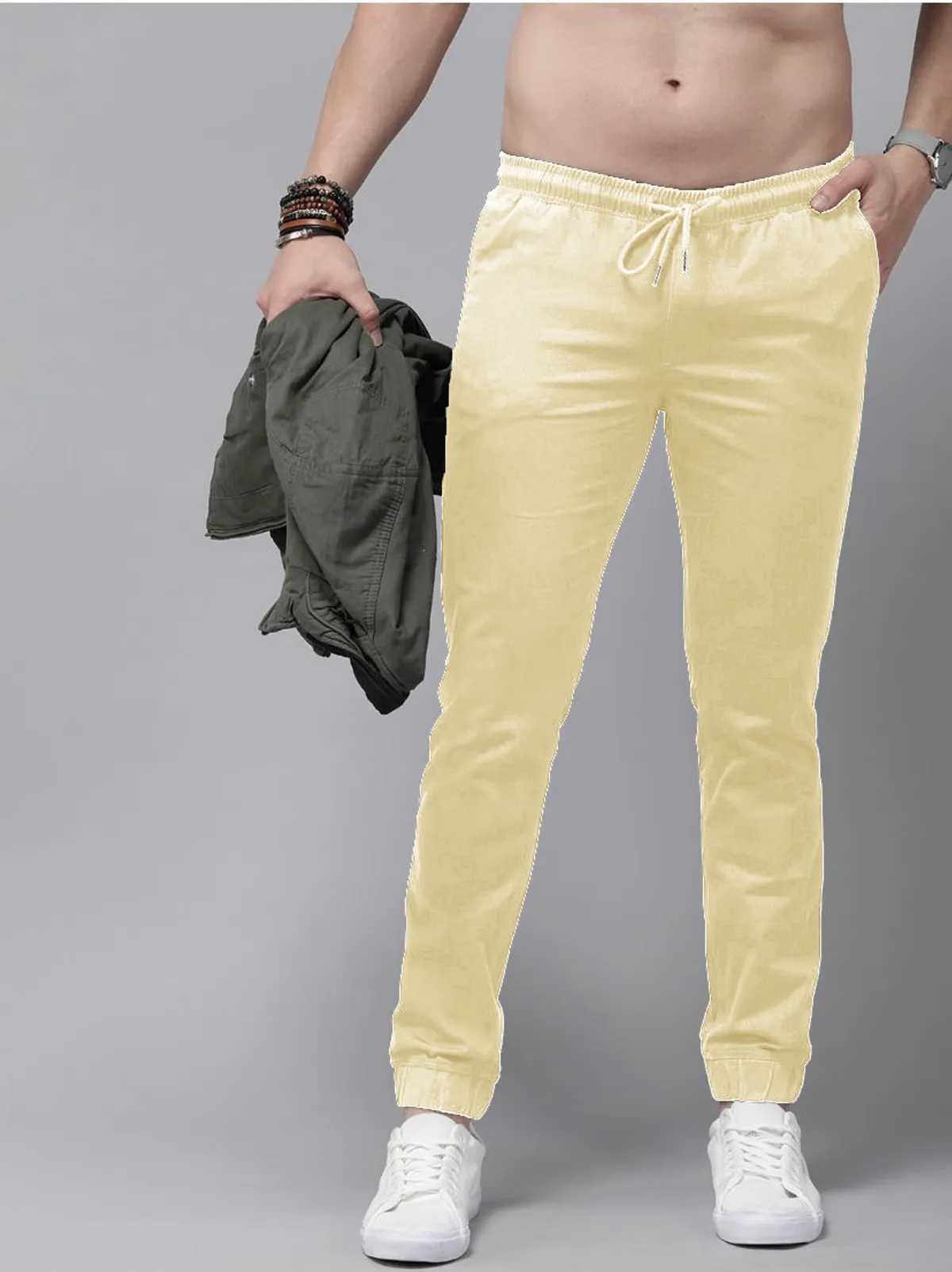 Cream Cotton Blend Solid Men’s Slim Fit Joggers