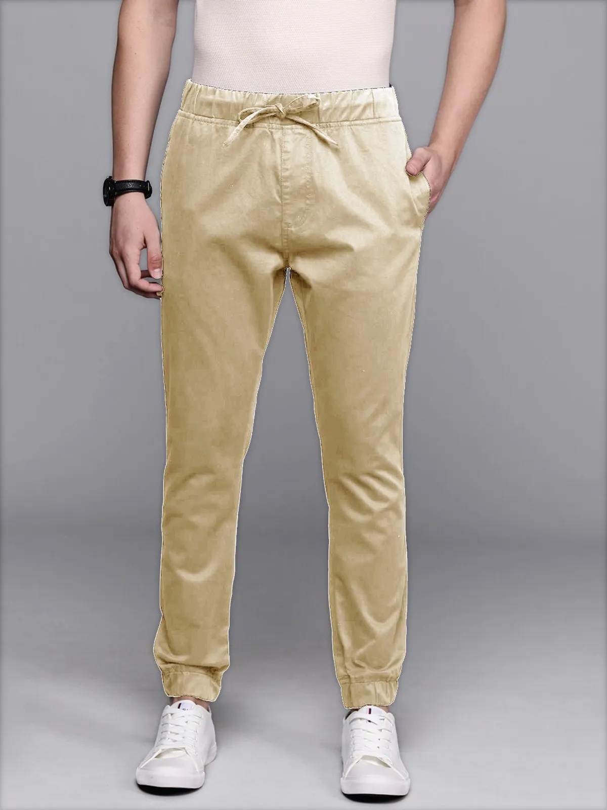 Off White Cotton Blend Solid Men’s Slim Fit Joggers