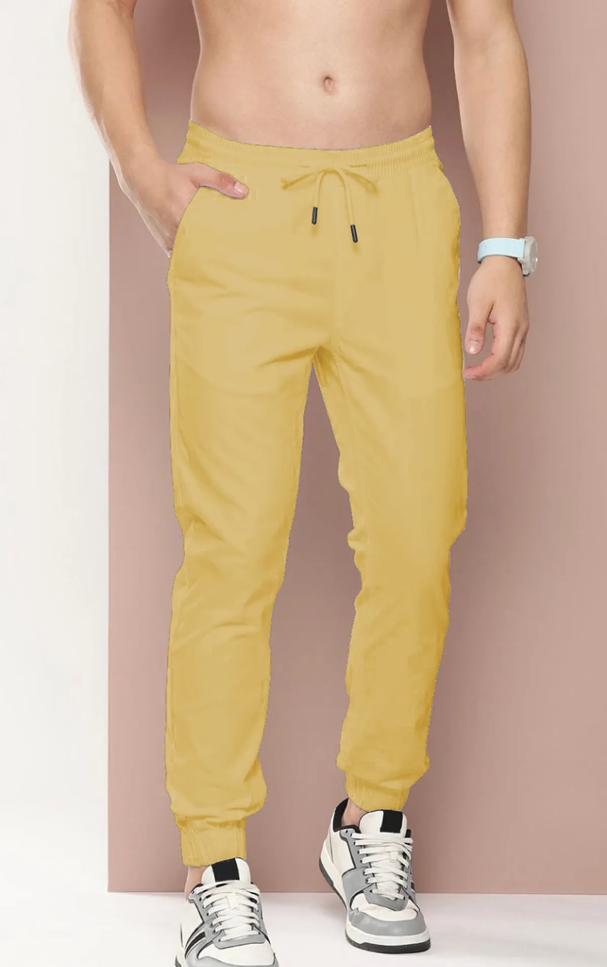 Cream Cotton Blend Solid Men’s Slim Fit Joggers