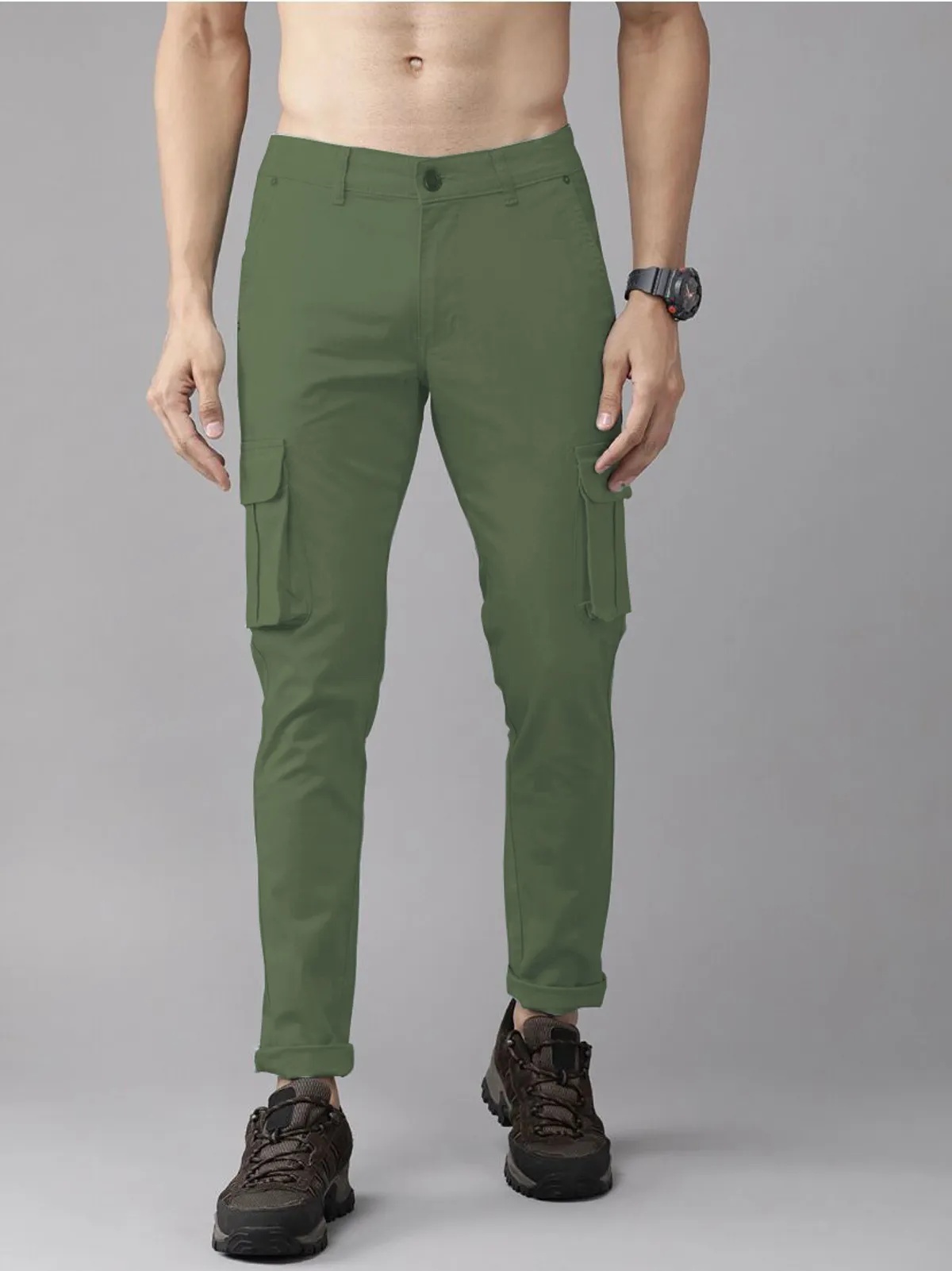 Green Cotton Blend Solid Mens Cargo