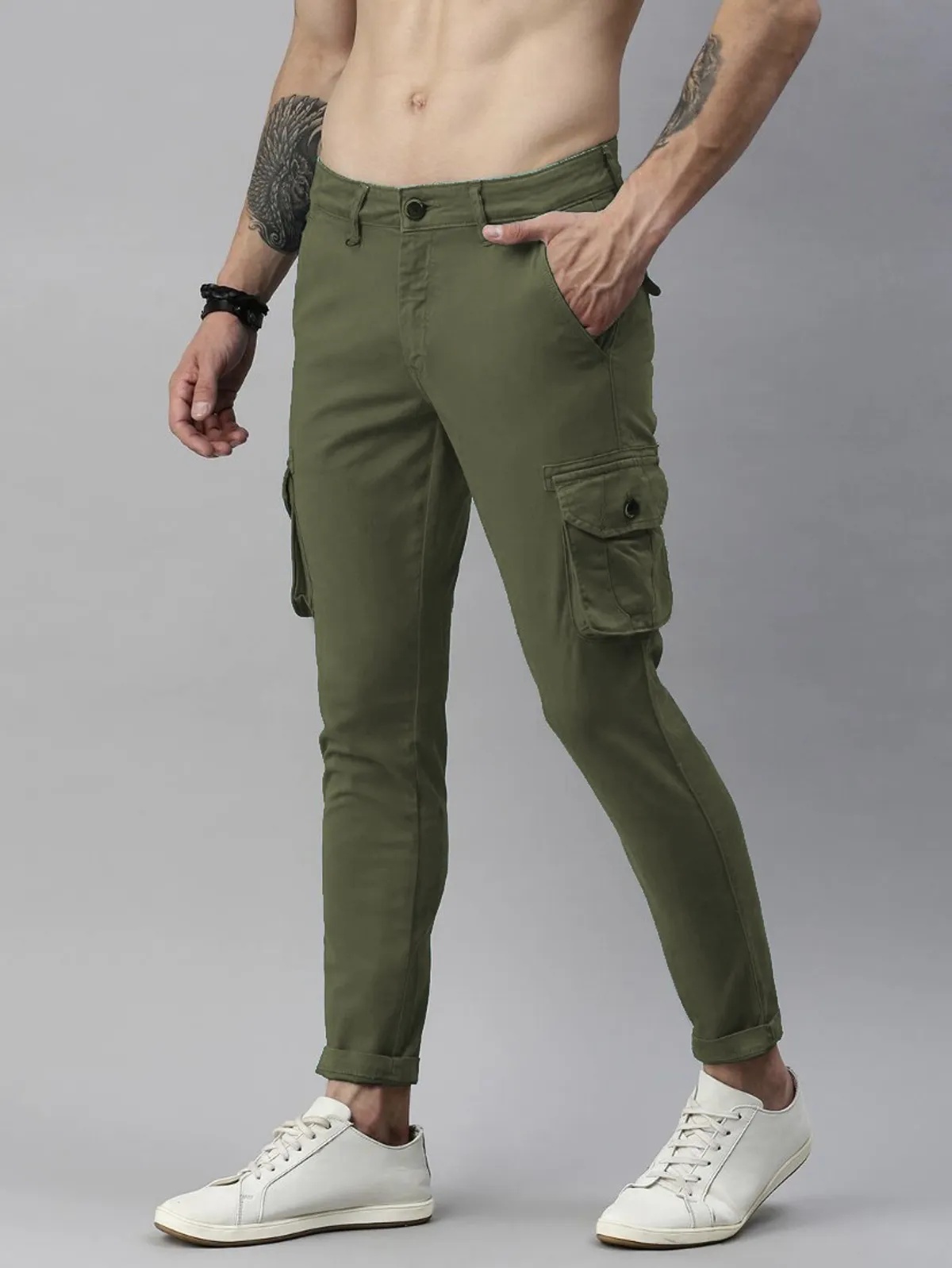Olive Green Cotton Blend Solid Mens Cargo