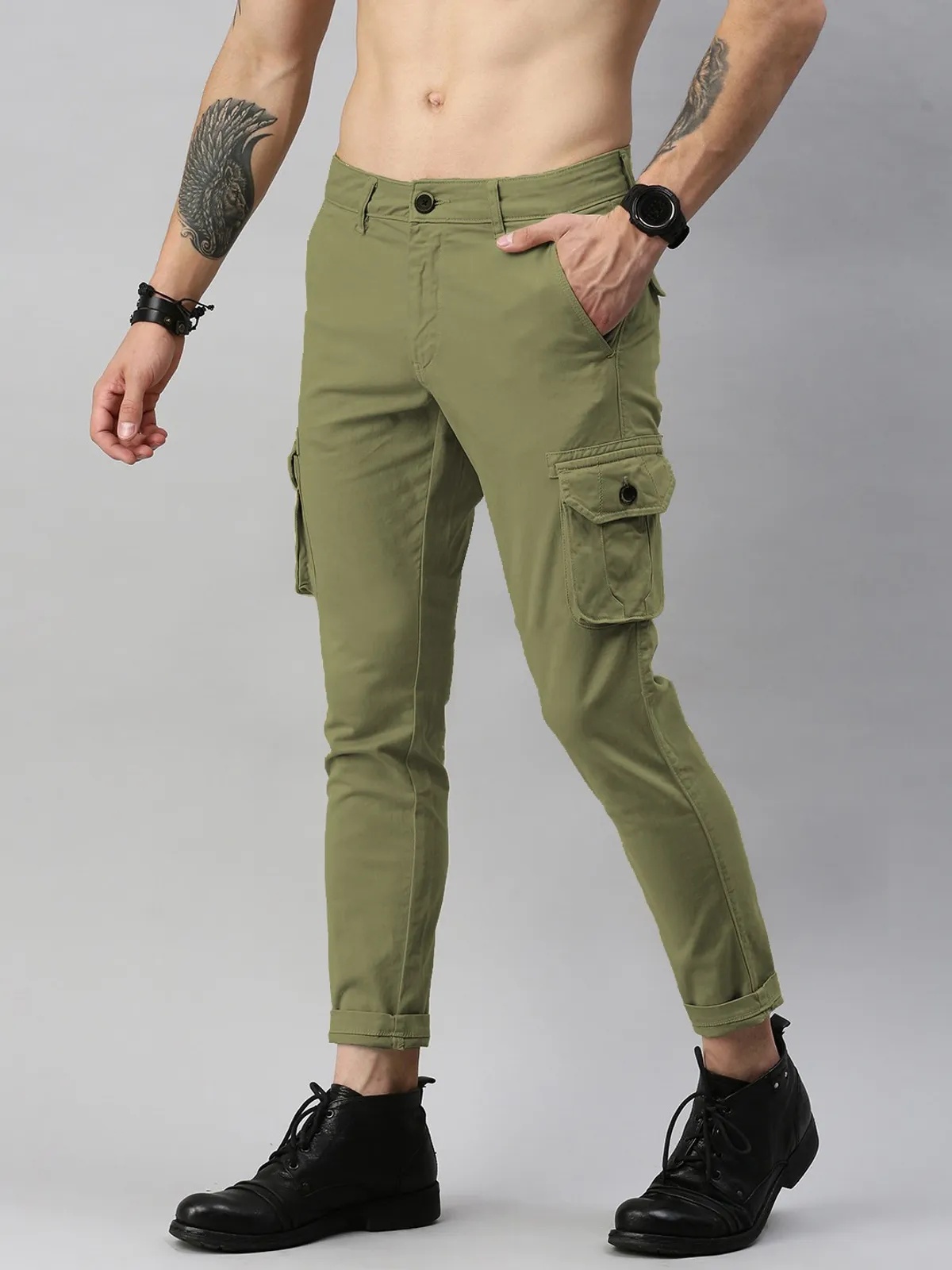 Olive Green Cotton Blend Solid Mens Cargo