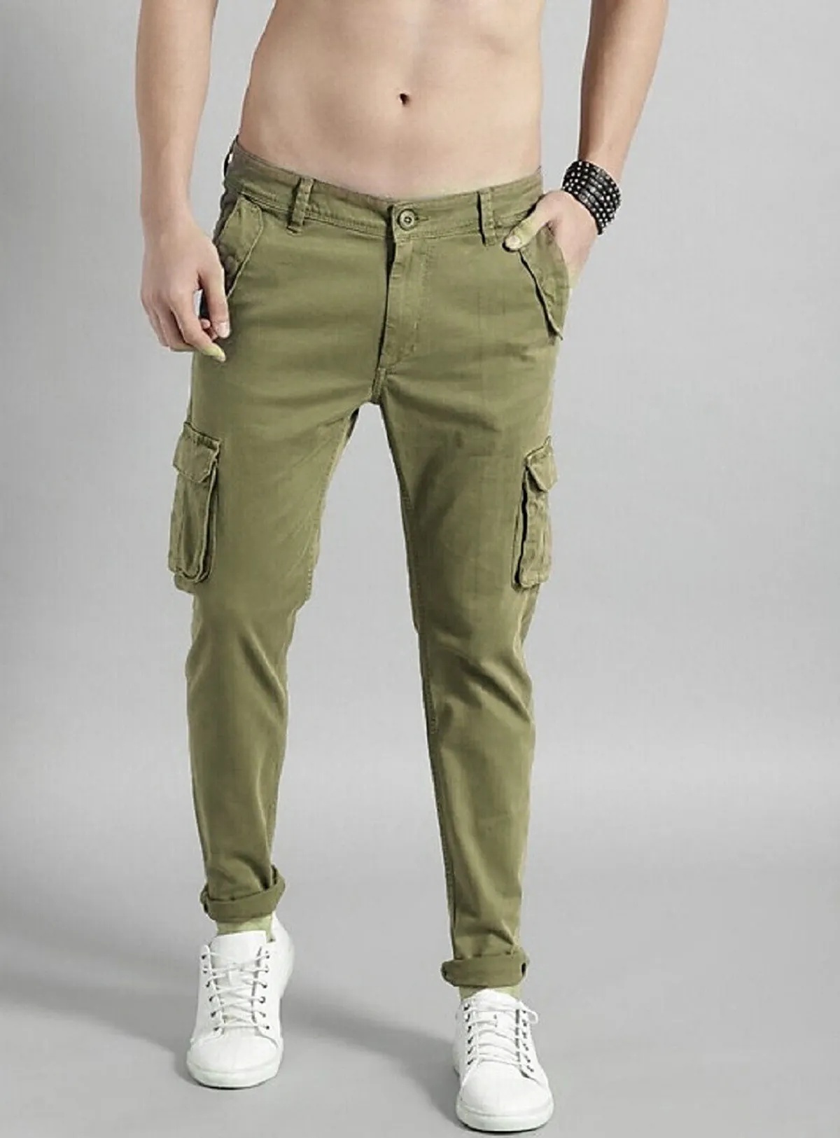Olive Green Cotton Blend Solid Mens Cargo