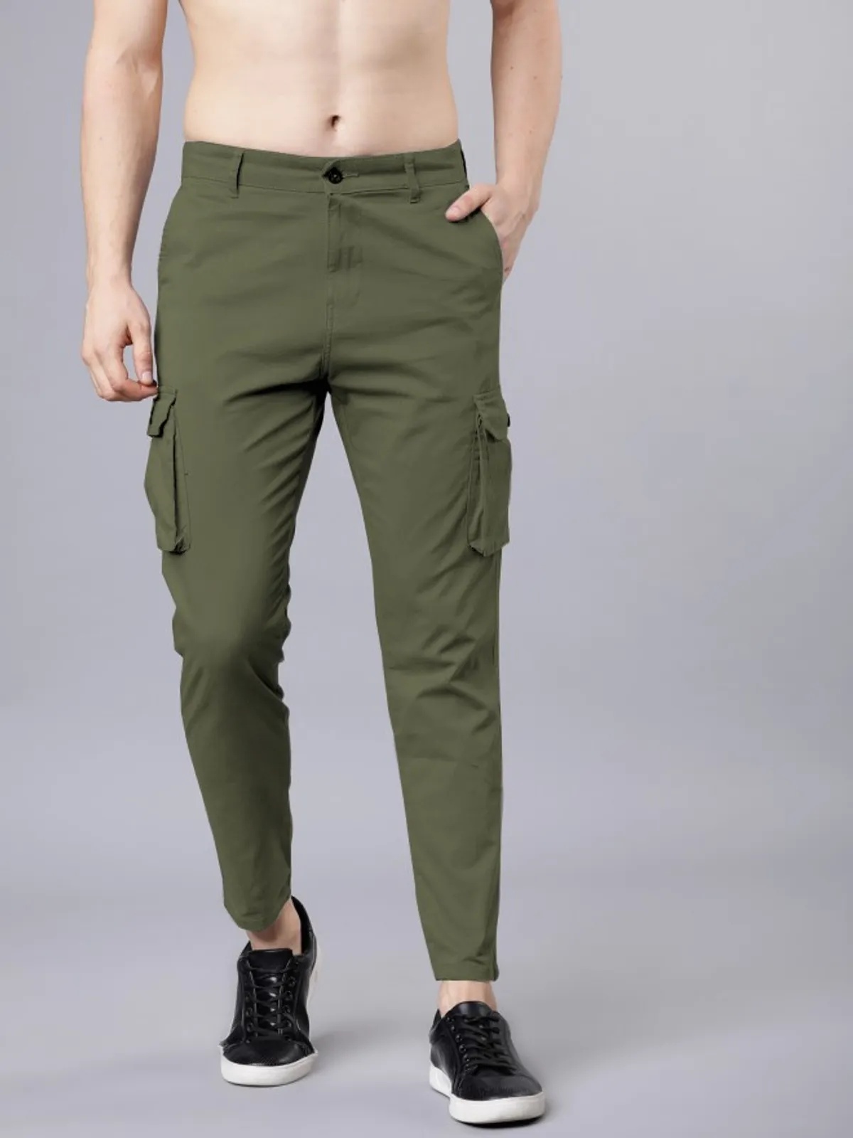 Olive Green Cotton Blend Solid Mens Slim Fit Cargo