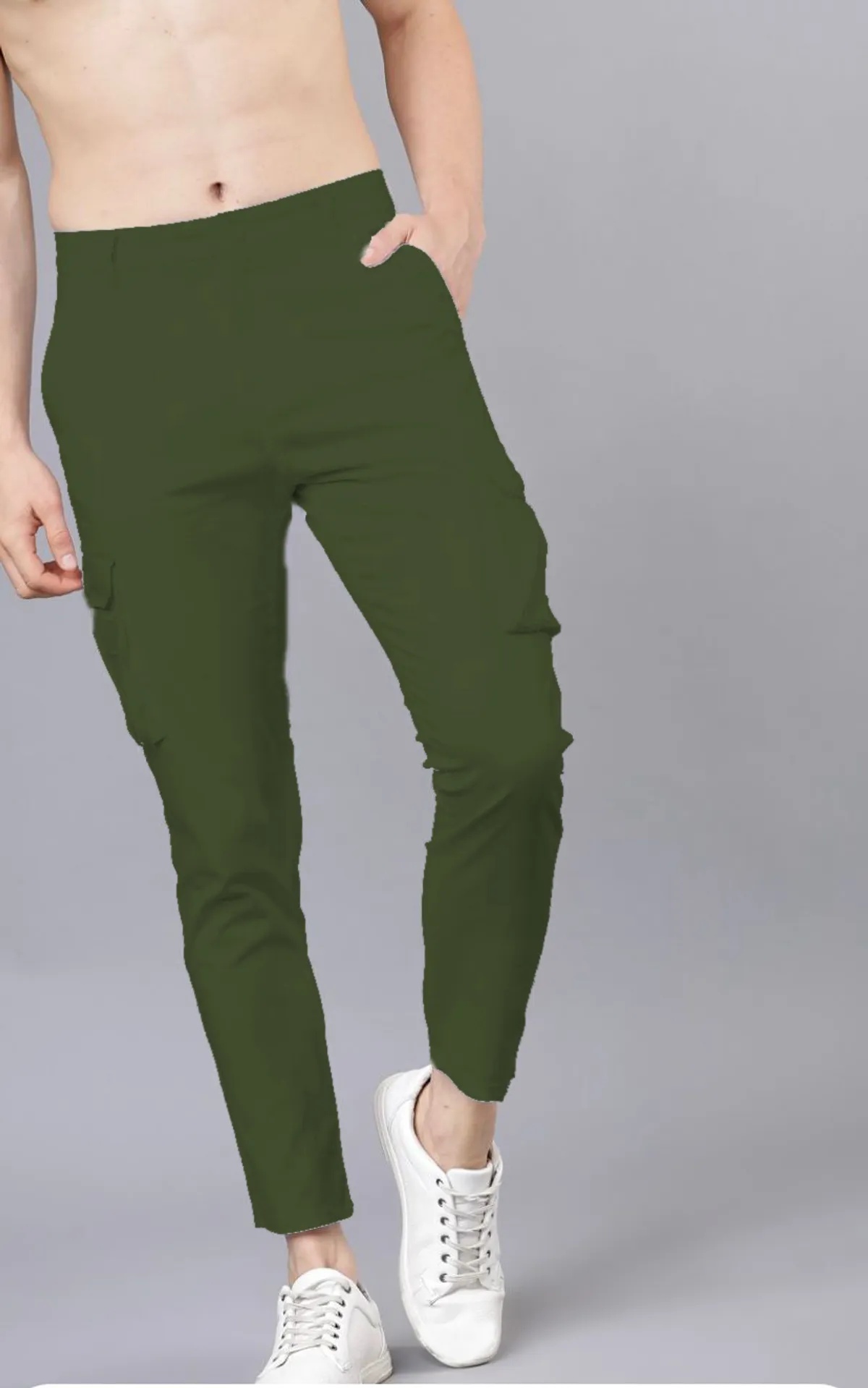 Olive Green Cotton Blend Solid Mens Cargo