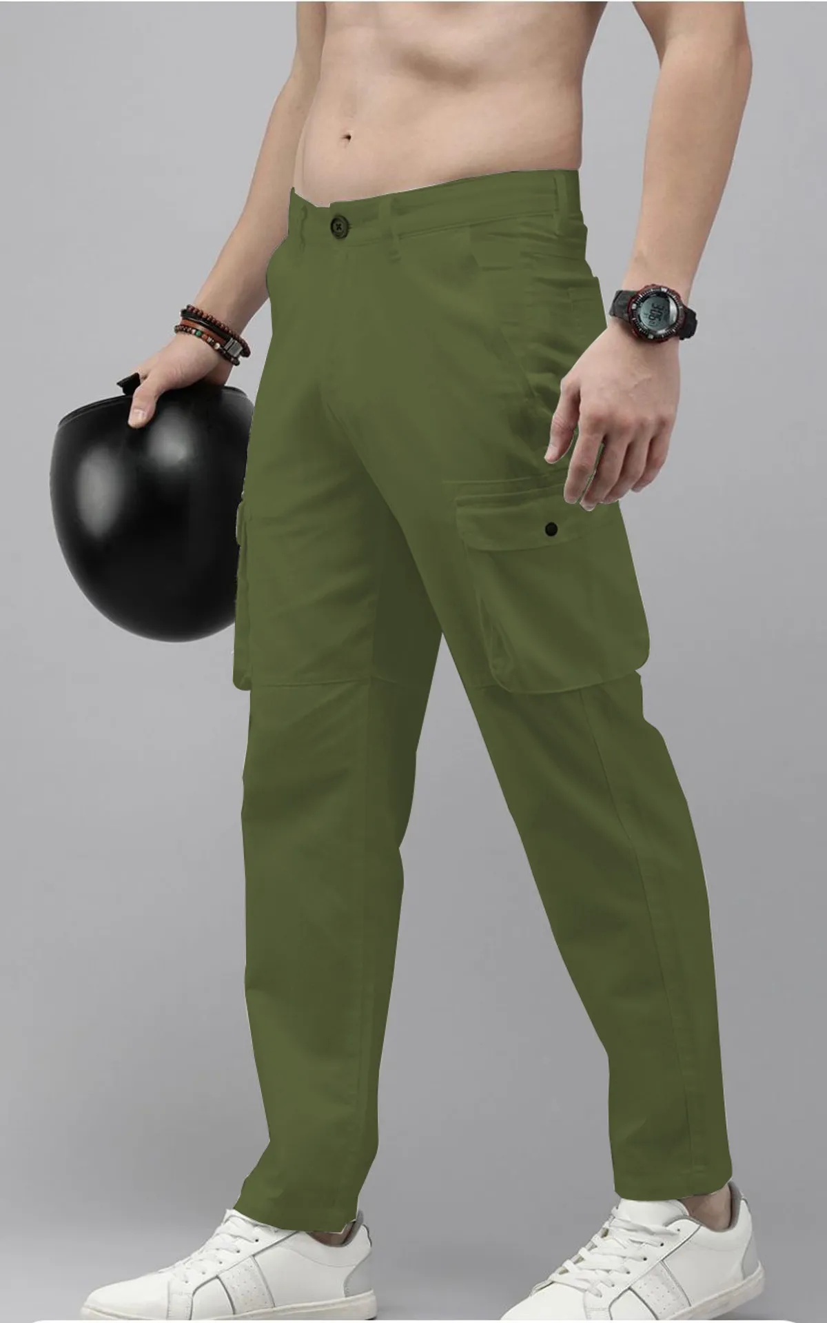 Olive Green Cotton Blend Solid Mens Cargo