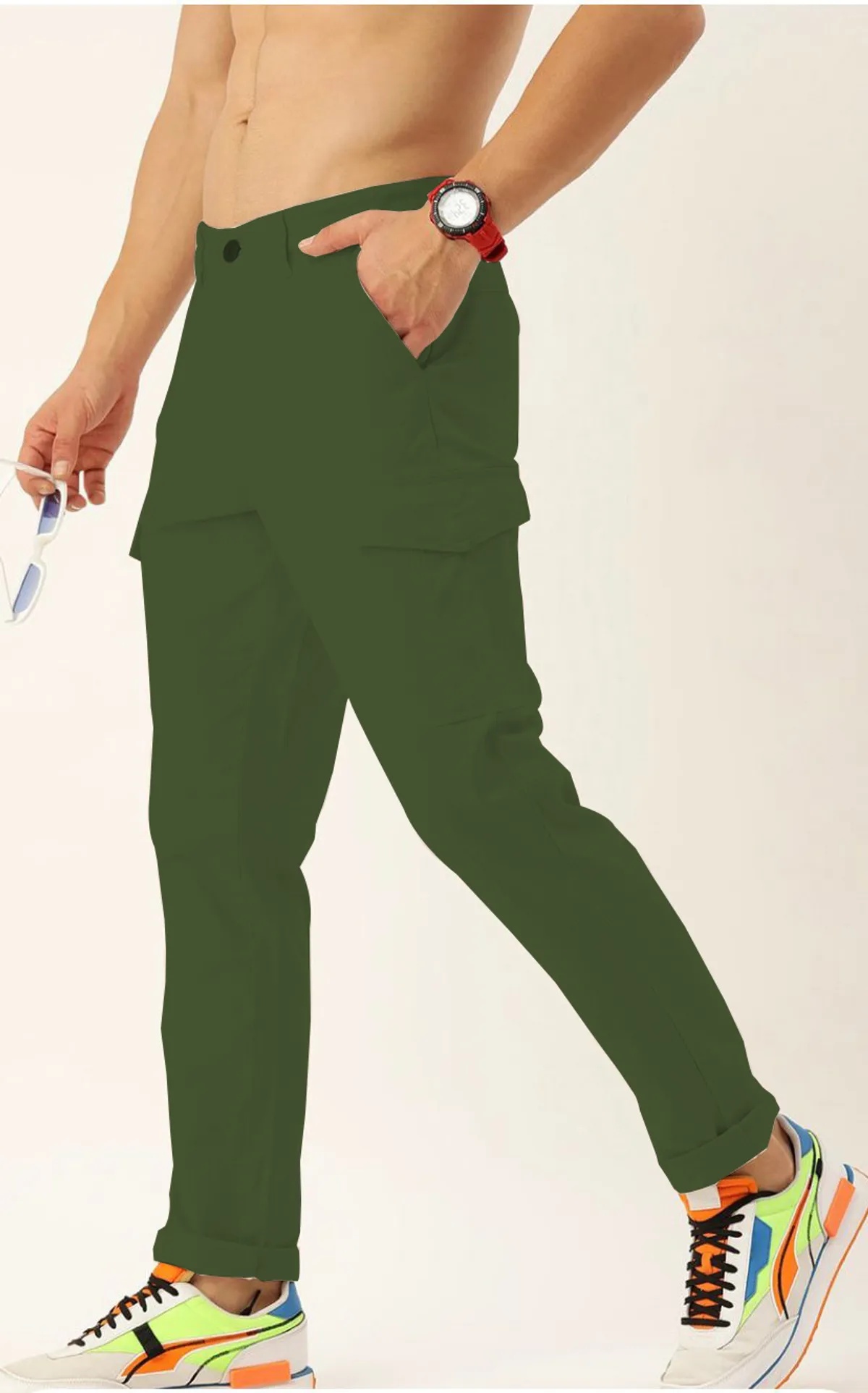 Olive Green Cotton Blend Solid Mens Cargo