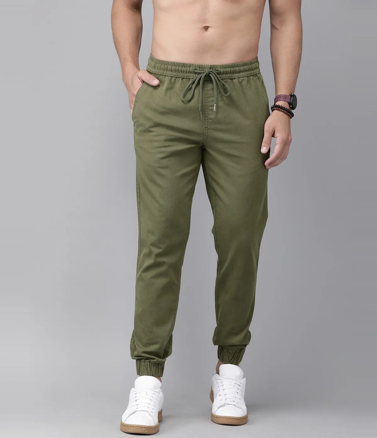 Olive Green Cotton Blend Solid Men’s Slim Fit Joggers