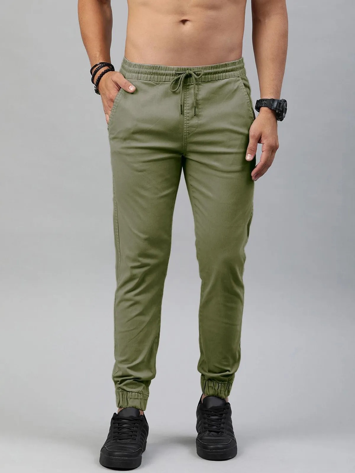 Olive Green Cotton Blend Solid Men’s Slim Fit Joggers