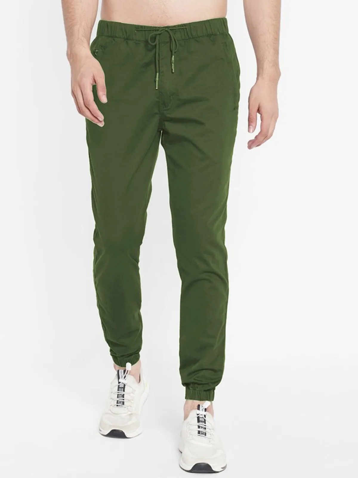 Olive Green Cotton Blend Solid Men’s Slim Fit Joggers