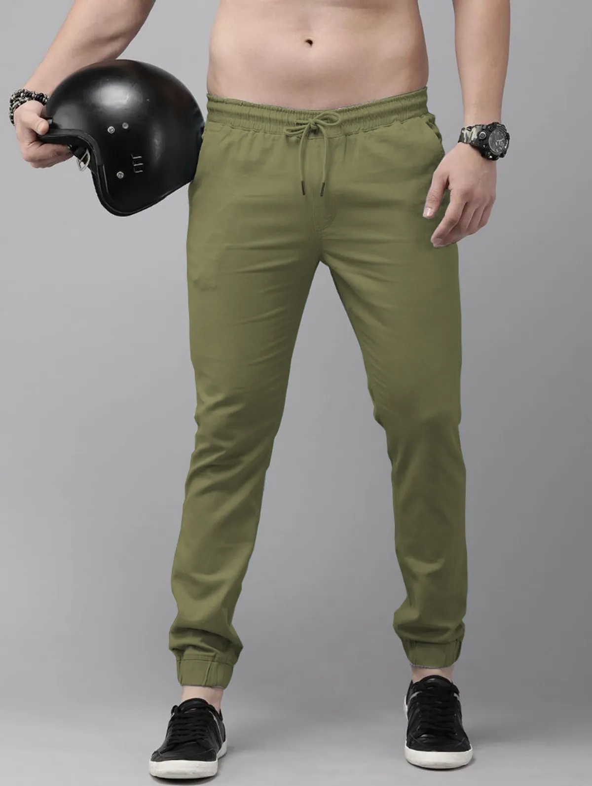 Olive Green Cotton Blend Solid Mens Joggers