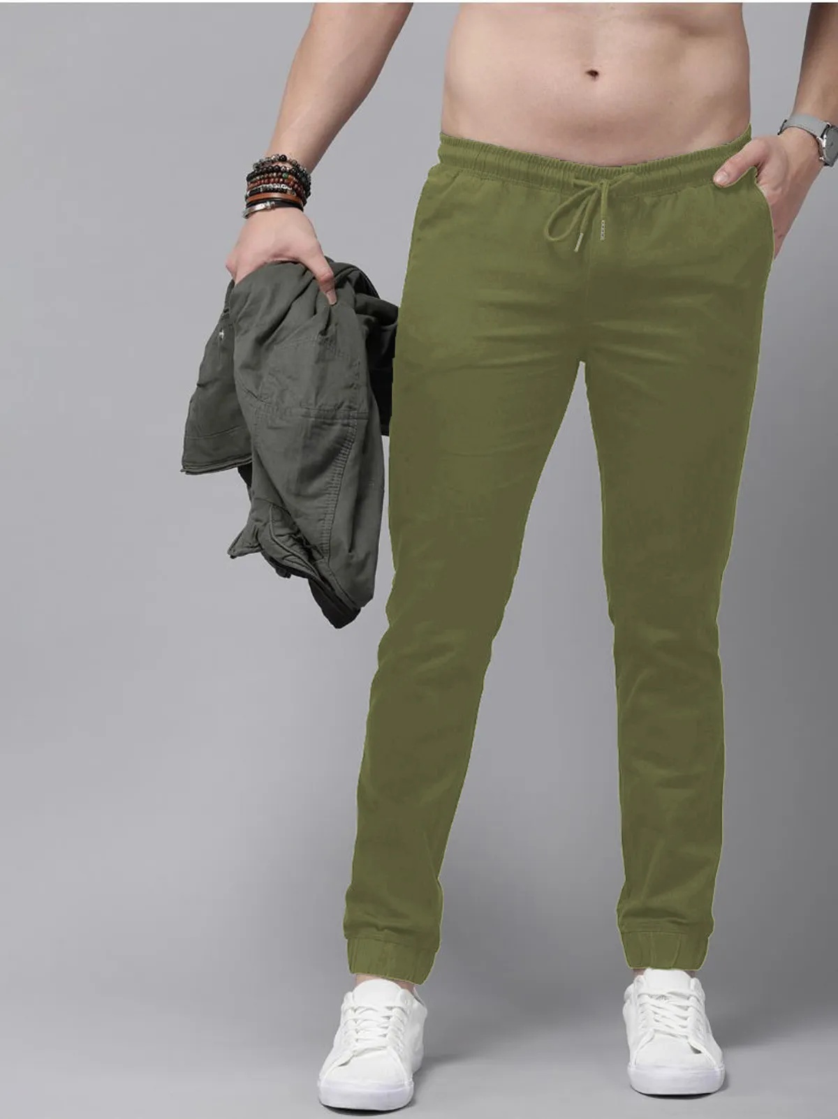 Olive Green Cotton Blend Solid Men’s Slim Fit Joggers